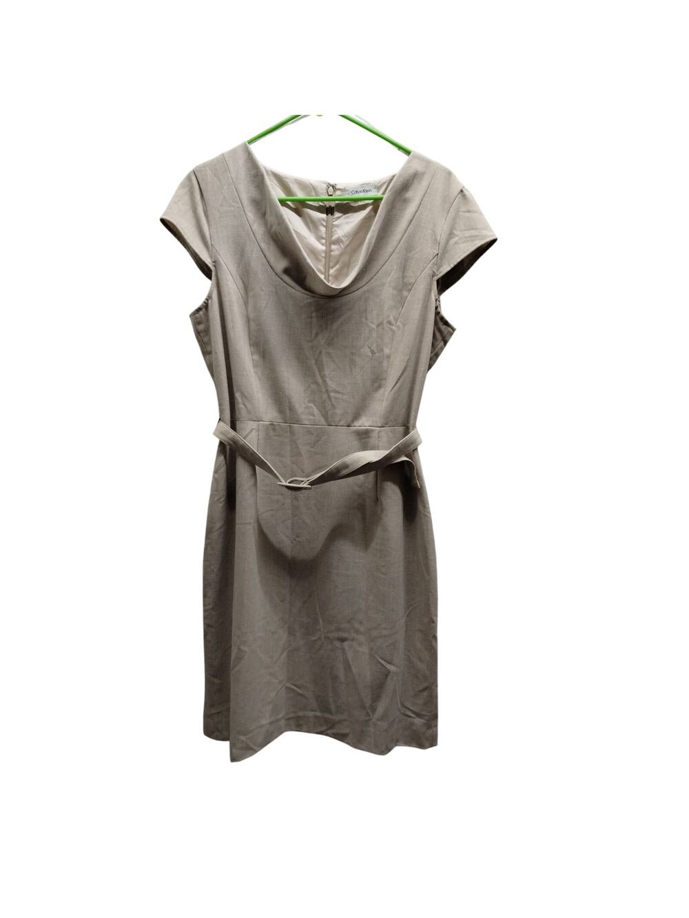 Calvin Klein Women's Size 6 Cowl Neck Cap Sleeve Cocktail Belted Dress Beige